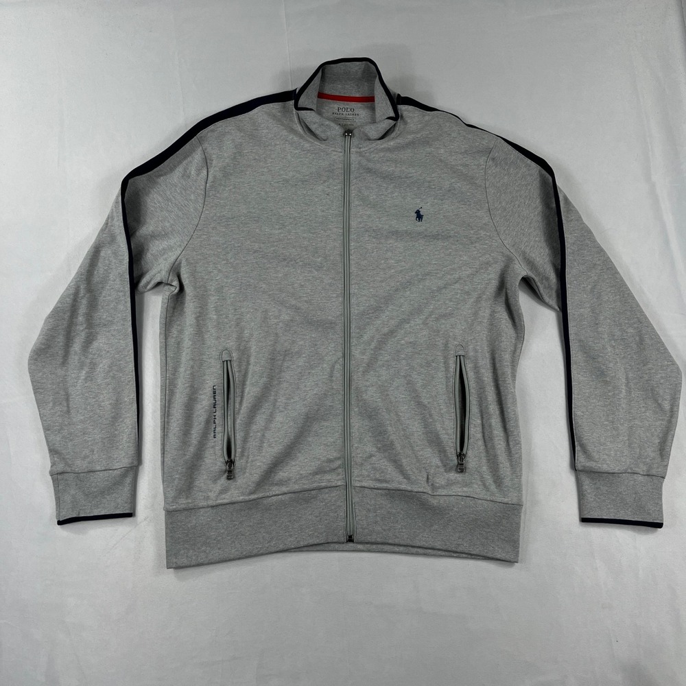 Polo Ralph Lauren Track Jacket Grey‎ Performance Zip Racing Stripe Mens Large